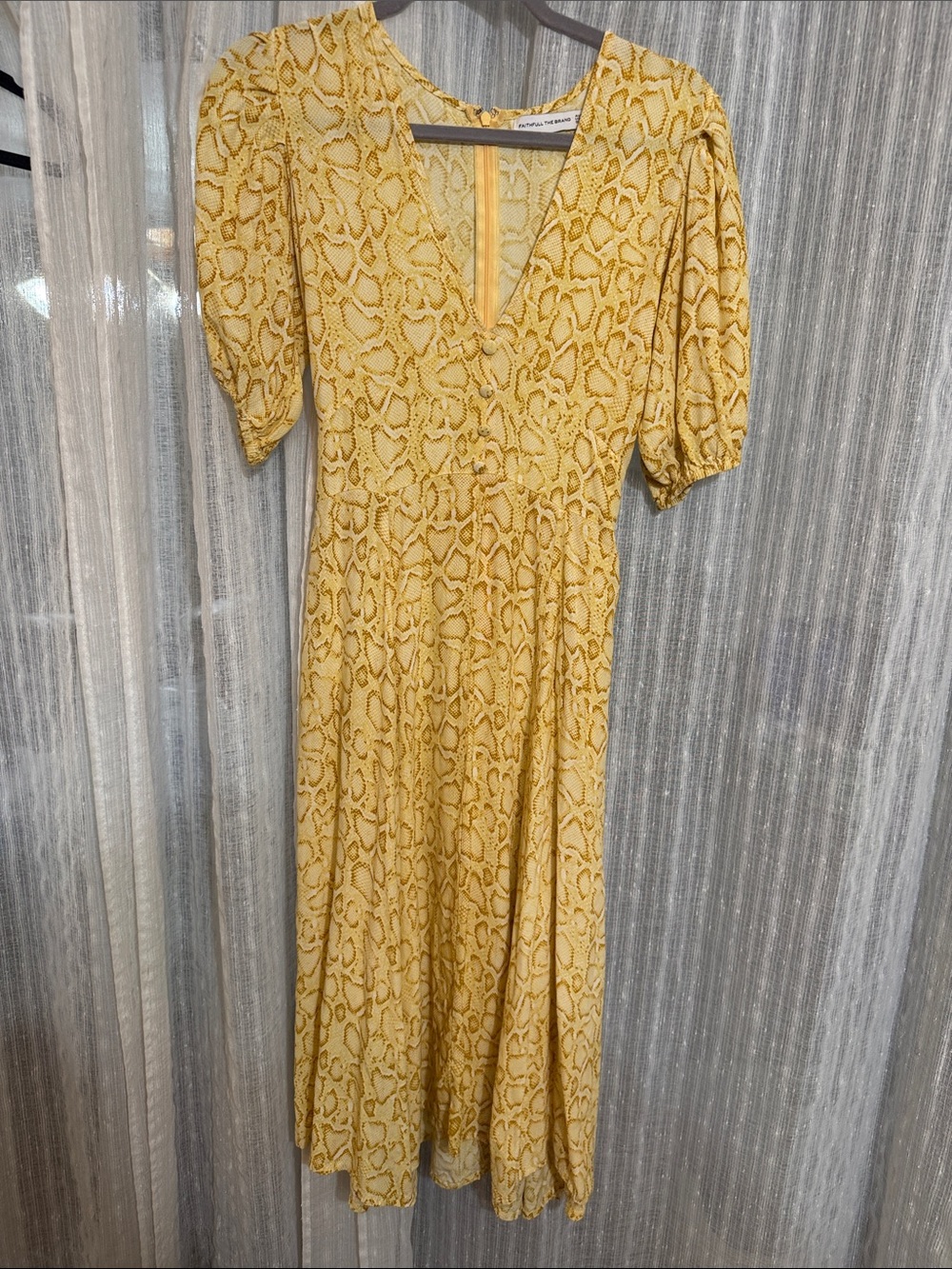 Faithfull the Brand Yellow V-Neck Puff Sleeve Midi Dress - Picture 3 of 7